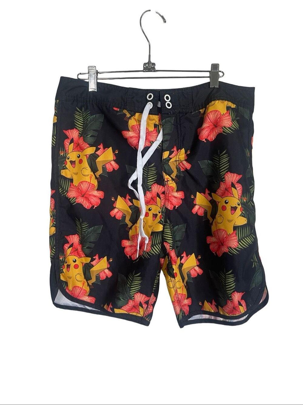 Pokémon Mens Black Yellow Pink Pikachu Hibiscus Flower Swim Trunk Shorts Size 32
